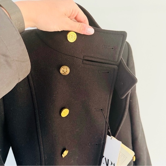 NWT ZARA women wool coat jacket blazer with Gold Accents, size S, black - Picture 3 of 7